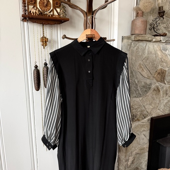 Vintage Silk Striped Balloon Sleeve Black Midi Dress - Picture 2 of 10